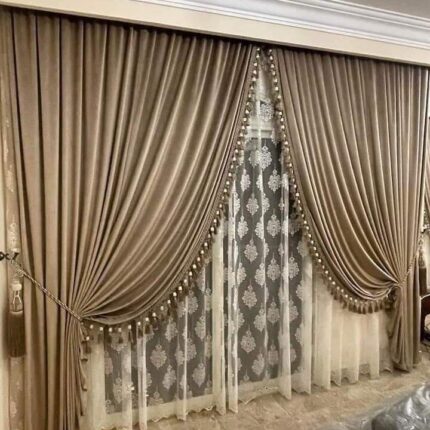 Royal Gold Velvet Curtain Set with Embroidered Sheers